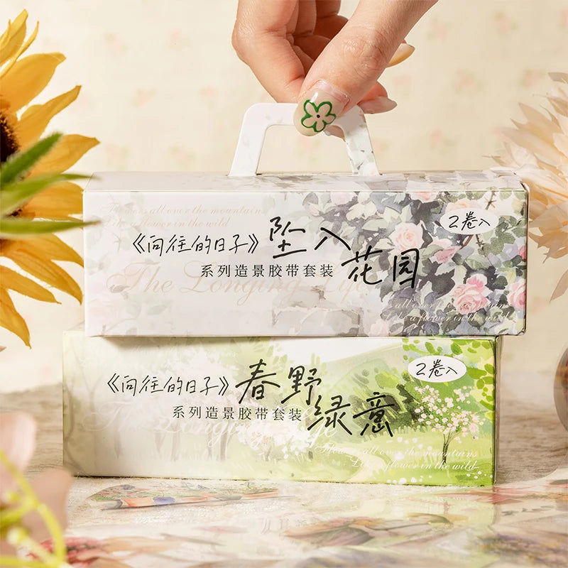 2 Rolls / Bag Pastoral Style Washi Tape Set Landscape decorative collage materials for junk journals, must-have for DIY craft Qme