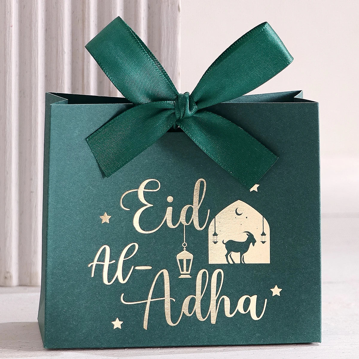 5 Eid Al-Adha Gift Boxes, Beautiful Sheep and Calligraphy Text Design, Pastel Colors, Ribbon Handles, Perfect for Eid Al-Adha Pa Qme 5pcs-green-green