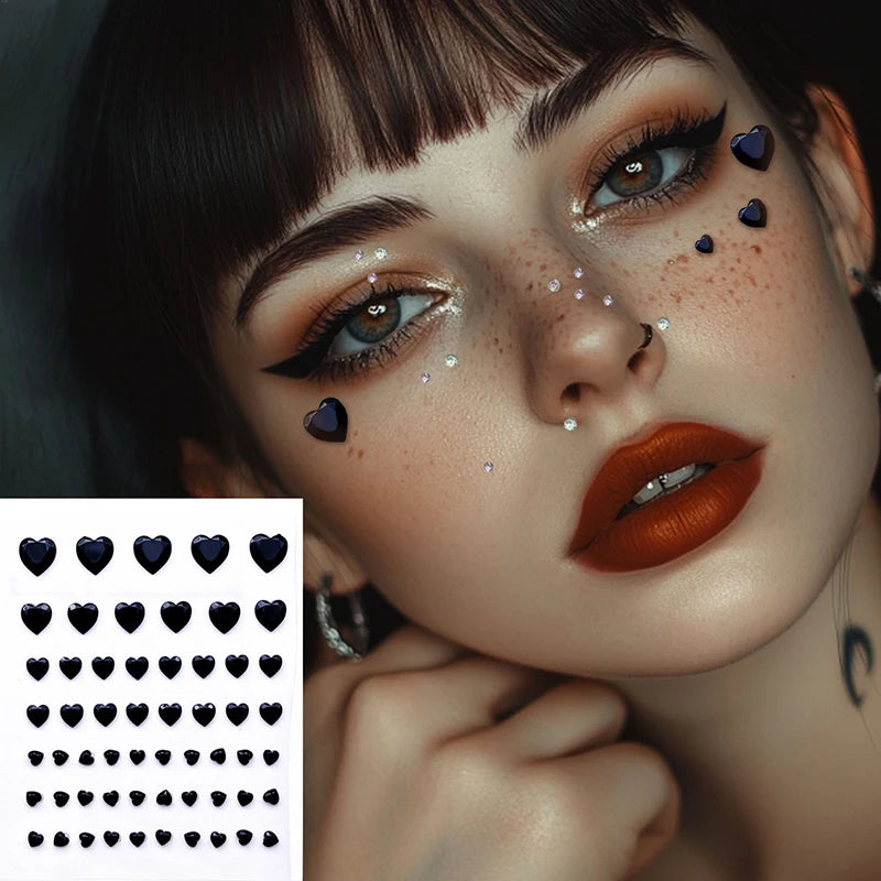 57Pcs/sheet Heart Rhinestone Face Jewels Stickers 3D Multicolor Self-Adhesive Gems For DIY Festival Party Eye & Face Makeup Deco Qme Black