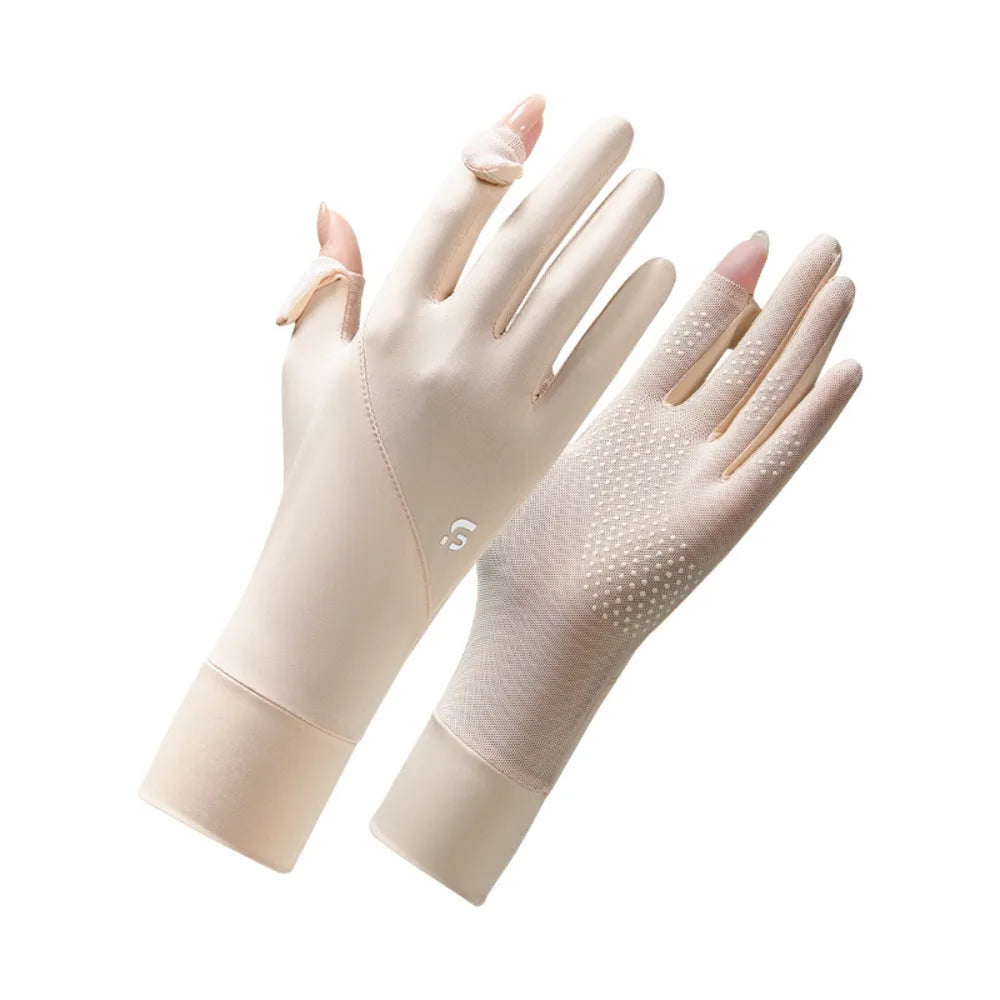 Ice Silk Women Sunscreen Gloves Thin Elastic Touch Screen Ice Silk Gloves Exposed Finger Breathable Cycling Driving Gloves Qme Beige