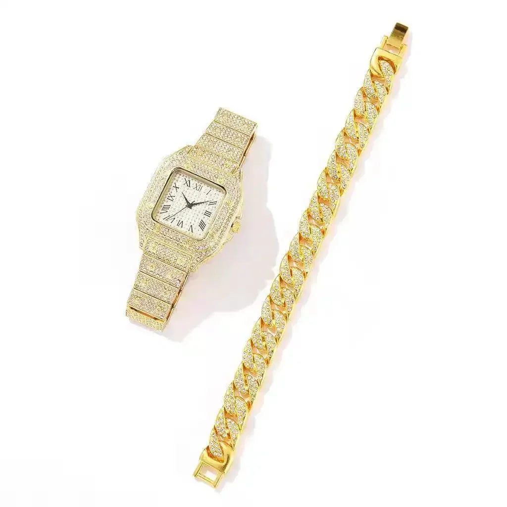 Men's Rhinestone Square Big Dial Hip Hop Watch + Rhinestone Chain Zinc Alloy Bracelet Set Qme