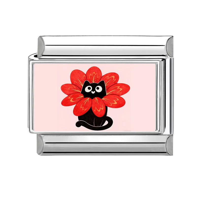 Wholesale Beautiful Flower Black Cat Red Heart Italian Charm Link Fit 9mm Stainless Steel Sweet Bracelet Jewelry Making DIY Gift Qme pink
