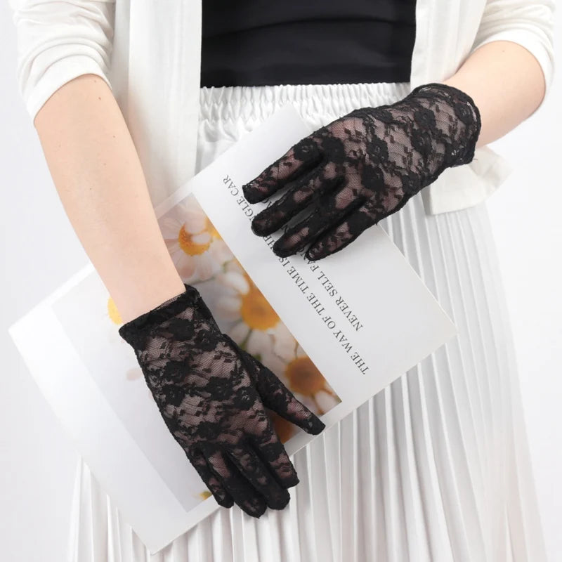 Women Lace Short Tulle Black Summer Uv-proof Driving Gloves Female Qme