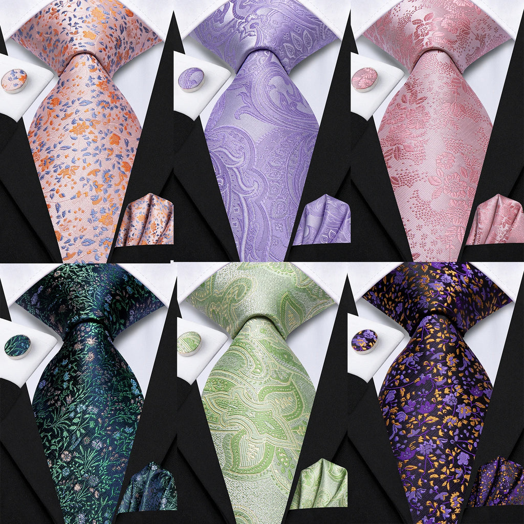 Hi-tie Mens Pink Purple Green Floral Wedding Necktie Handkerchief Qme
