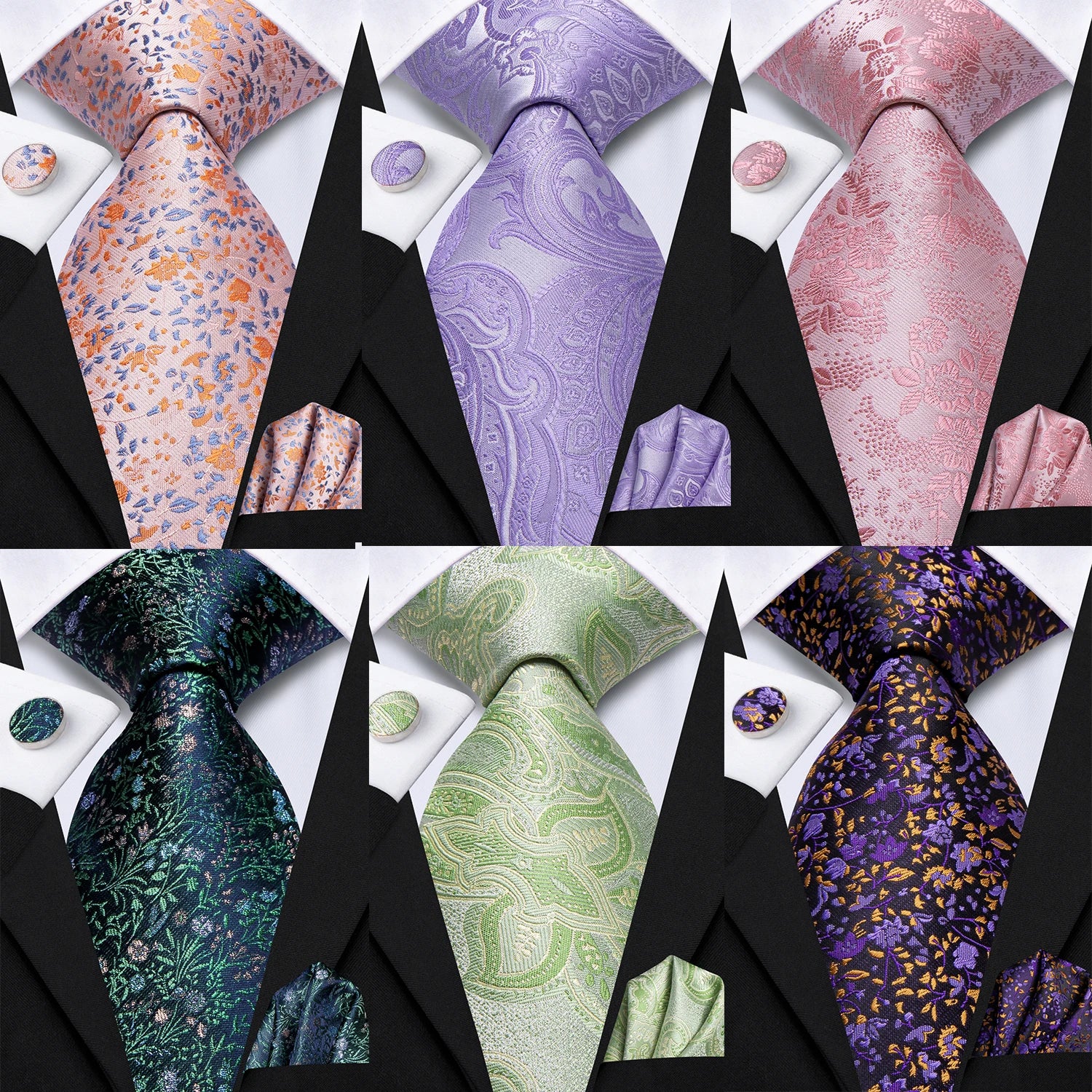Hi-tie Mens Pink Purple Green Floral Wedding Necktie Handkerchief Qme