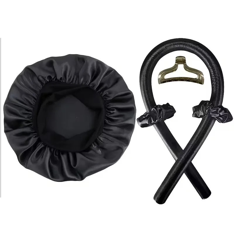 3 5 No-heat Curling Iron Satin Sleep Cap Hair Clips Comb Tie Women's Qme Black with cap