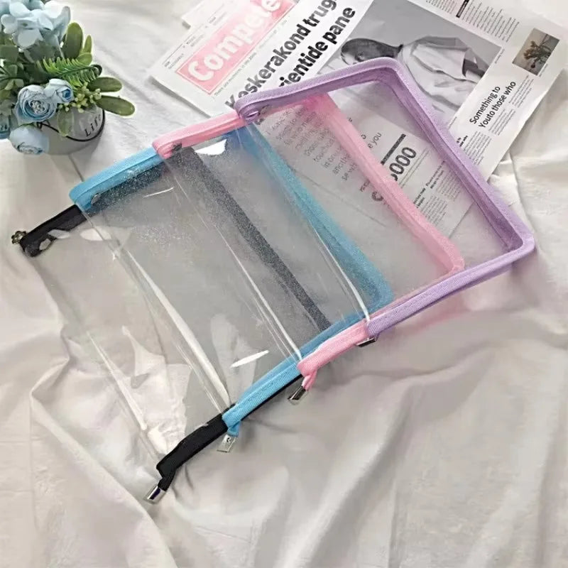 A5 Transparent Glitter PVC File Bag Student Stationery Storage Ins Color Wrapped Zipper Bag Simple Plastic Material Storage Bag Qme