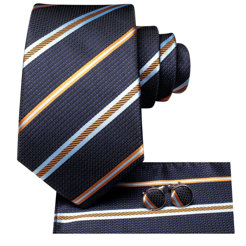 Hi-tie Men Fashion Striped Navy Blue Necktie Handkerchief Cufflinks Qme