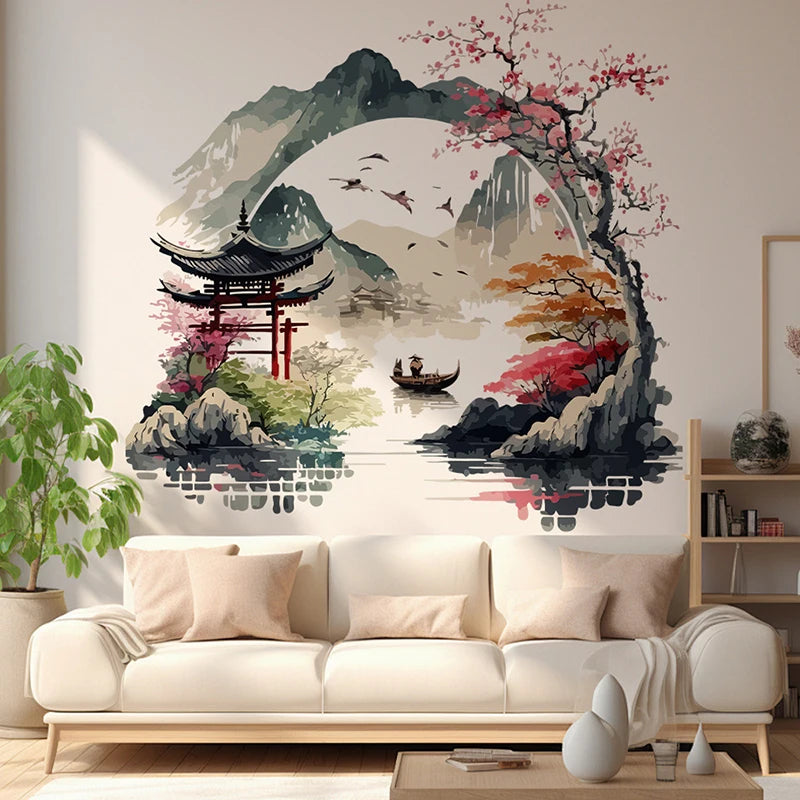 Landscape Painting Birds Mountain River Wall Sticker Background Home Qme