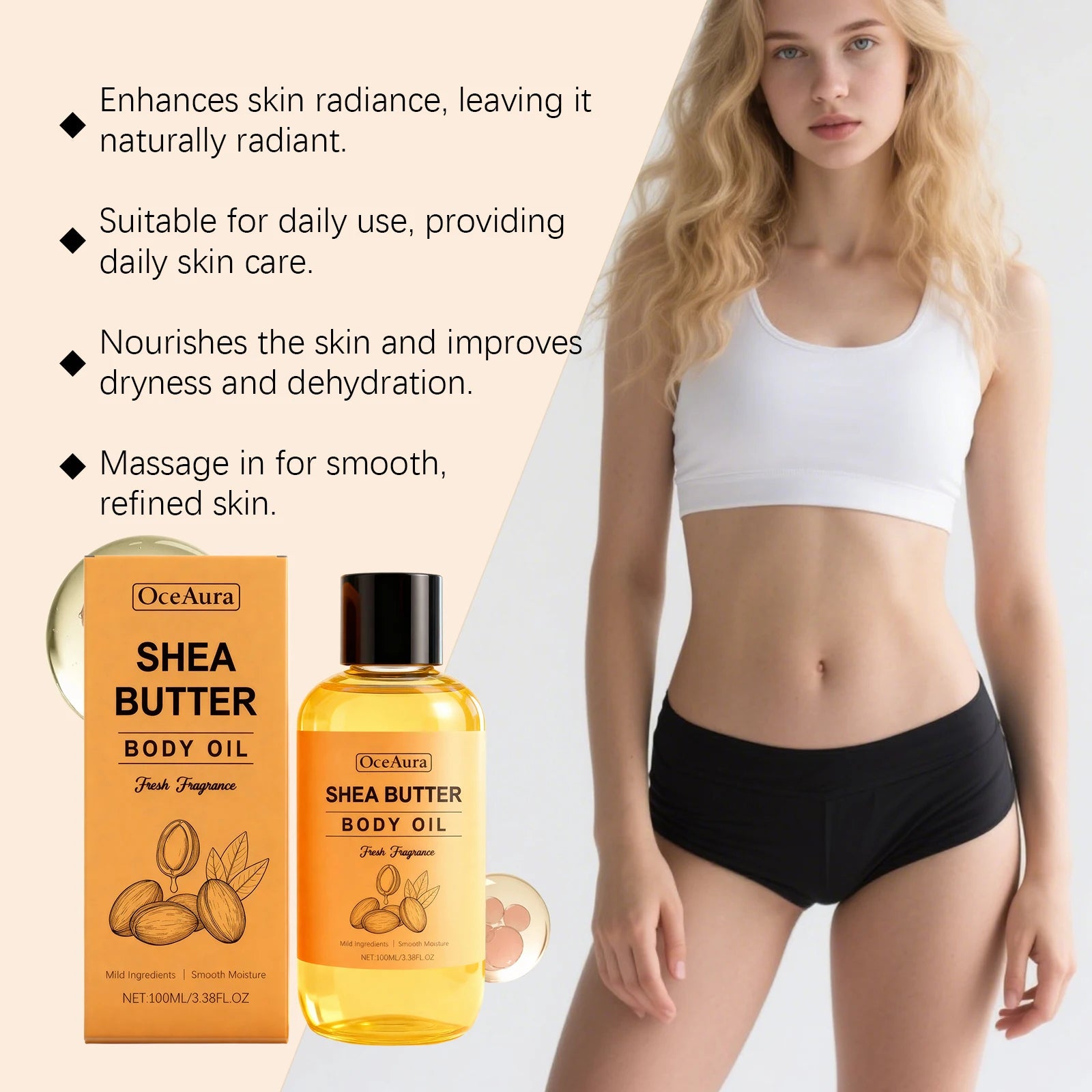 Shea Butter Body Oil Lightweight Fast Absorbing for Dry Rough Skin Soft Improve Dry Skin Body Massage Moisturizing Essential Oil Qme