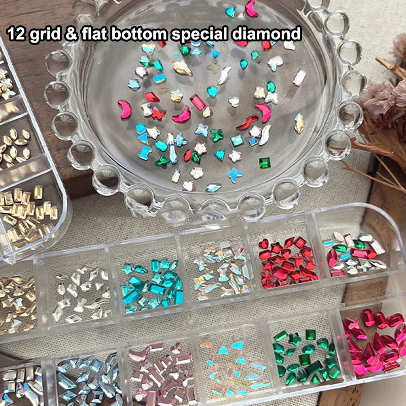 12 Grids Mixed Shape Colorful Rhinestones Nail Art Decoration Multi Size Flat Back Rhinestone Nail Gel Diy Nail Accessories Qme