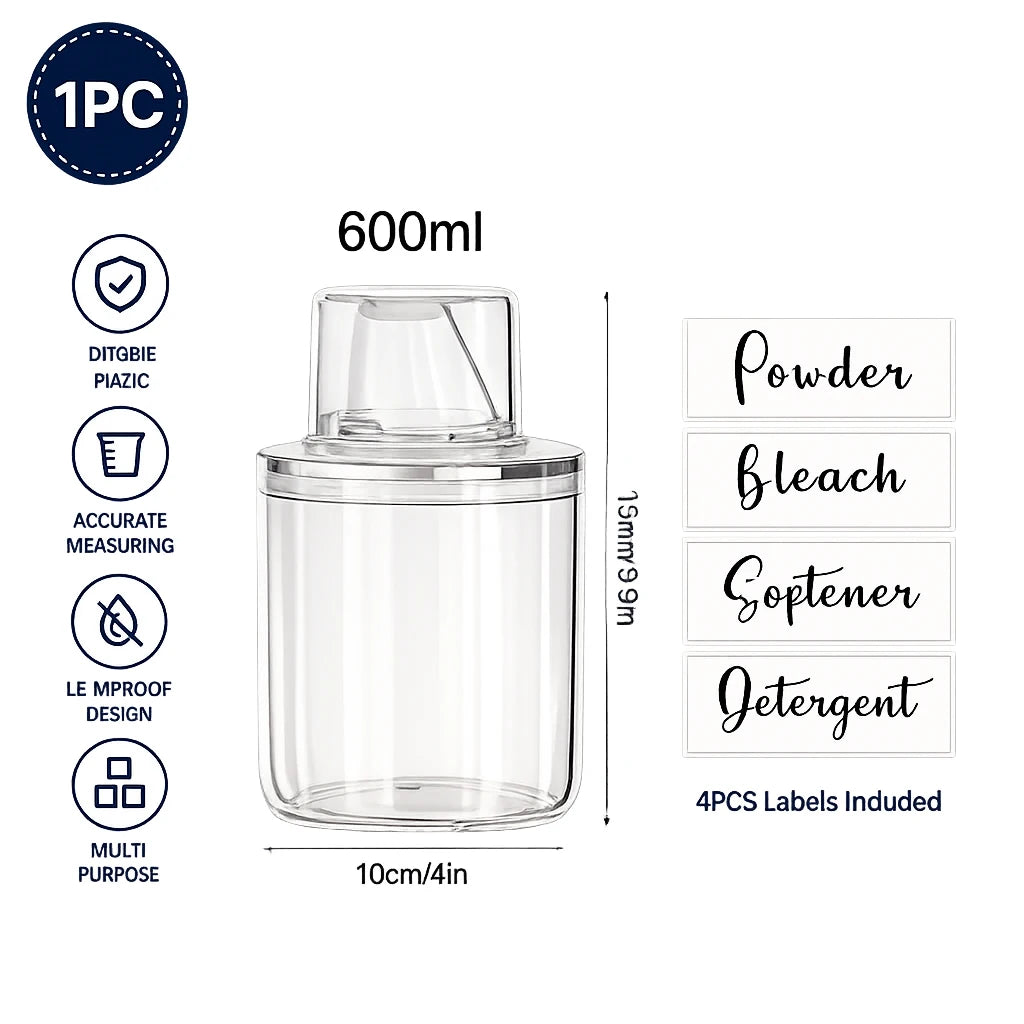 Clear Laundry Detergent Dispenser Container with Measuring Cup Lid, Cylindrical Airtight Canister for Laundry Powder Liquid Soap Qme 600ml with labels