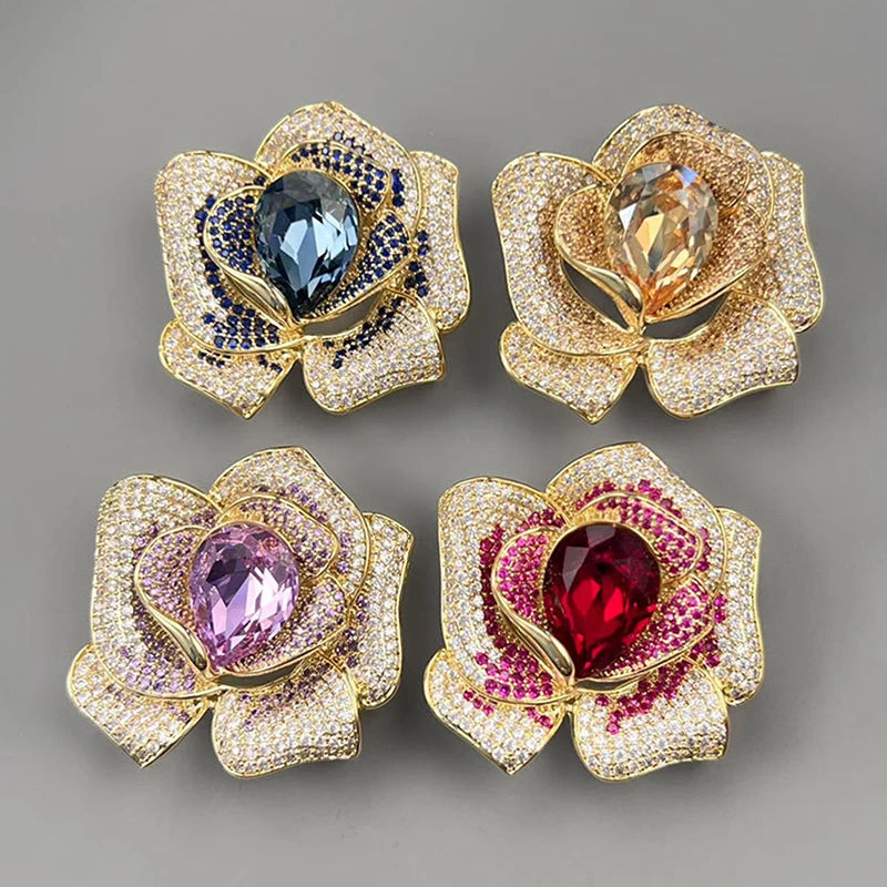 Fashion Exquisite Rhinestone Crystal Flower Brooch For Women Clothing Coat Jewelry Accessries Gifts Qme