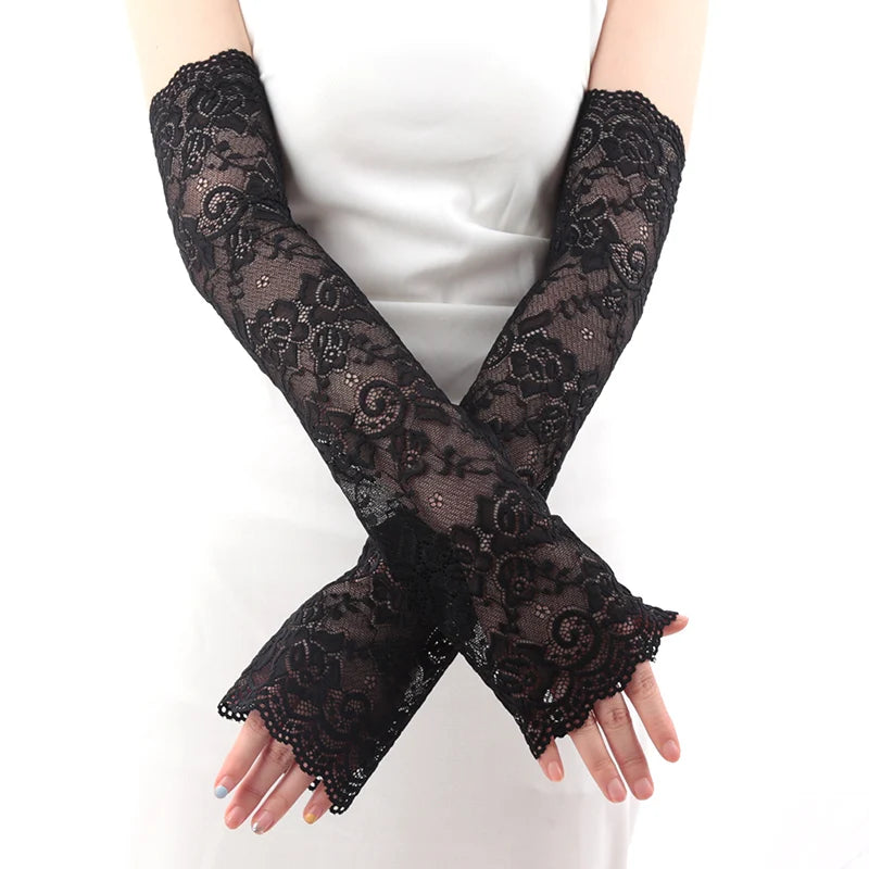 Women Long Lace Gloves Fishnet Mesh Fingerless Mittens Lady Cycling Qme