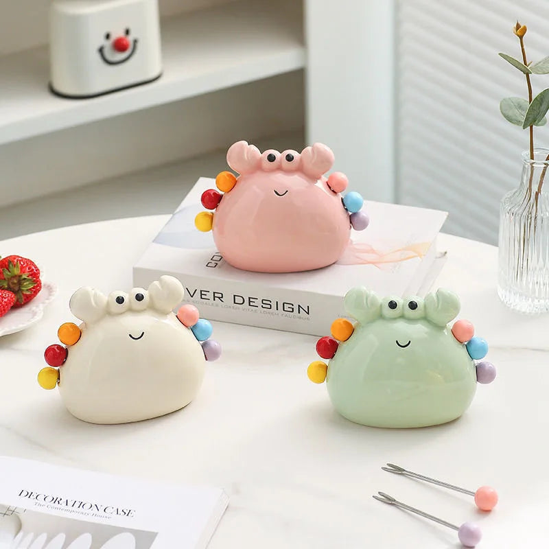 Cute Crab Shape Stainless Steel Fruit Fork Ceramic Storage Jar Safe Qme