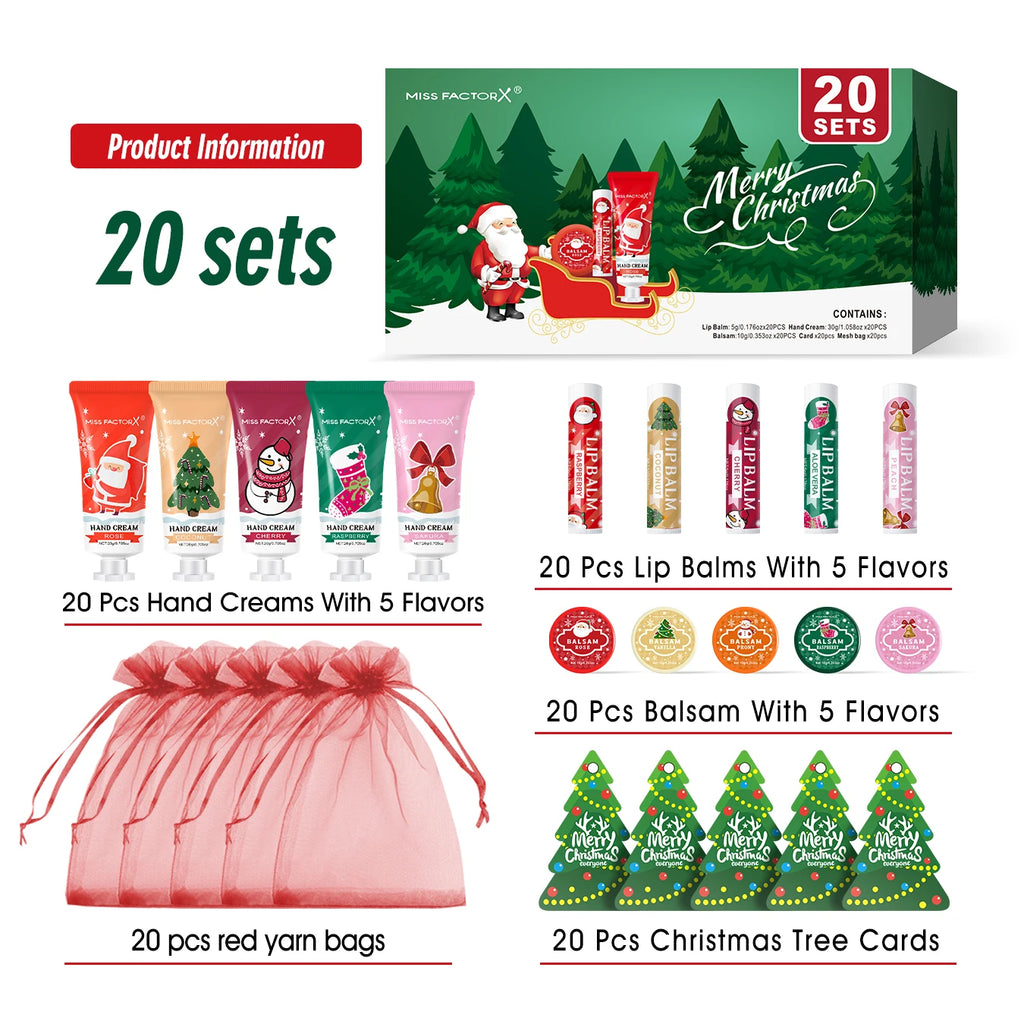 Christmas assembly gift set -20 sets, including balm, hand cream, lipstick, red gauze bag, Christmas tree thank you card Qme 20 sets