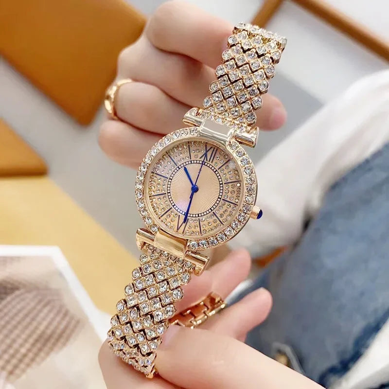 Ladies' Quartz Full Diamond Roman Watch Fashion Starry Sky Round Bracelet Watch High Beauty Women's Watch Qme
