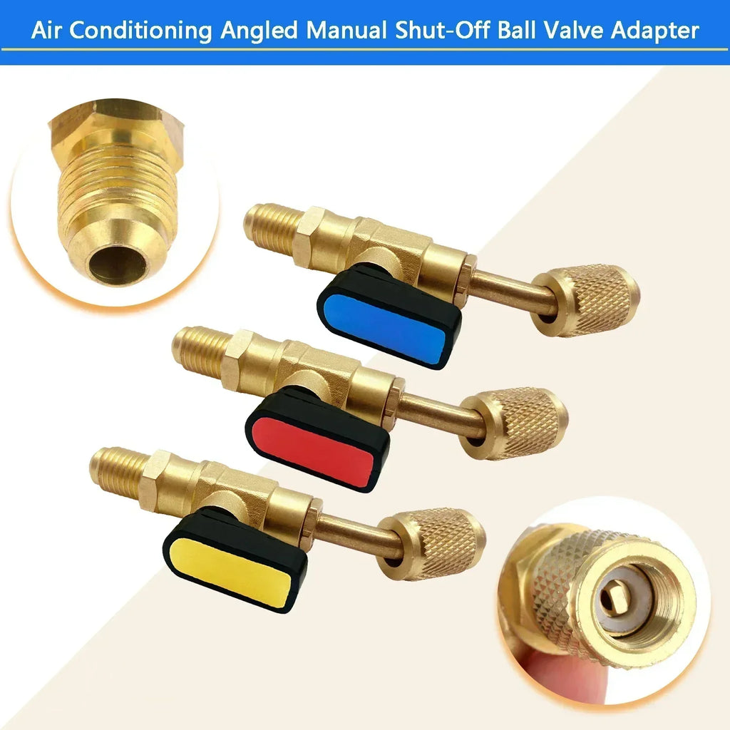 Refrigerant Angled Shut-Off Ball Valve Adapter 1/4" SAE R22 R12 R410a Air Conditioning Charging Hoses AC Refrigerant Tools Qme