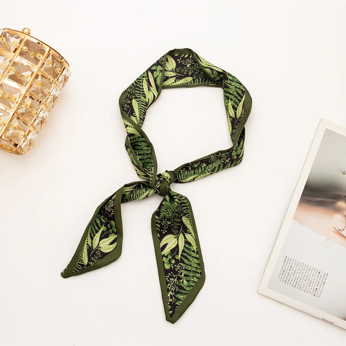 Skinny Scarf Hair Small Women Simple Handle Ribbon Fashion Printing Qme green