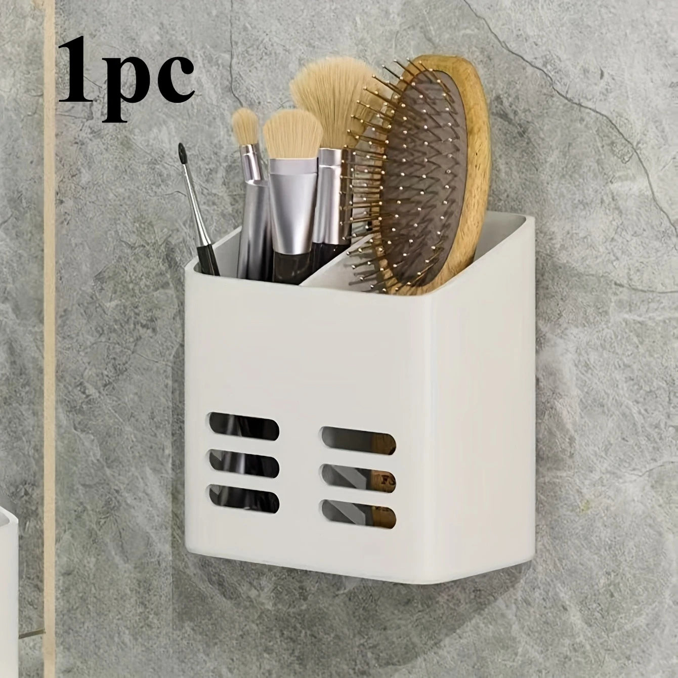 Wall-Mounted Plastic Organizer with Compartments for Pens, Makeup Brushes, Stationery, and Tools - Home Office Storage Solution Qme White