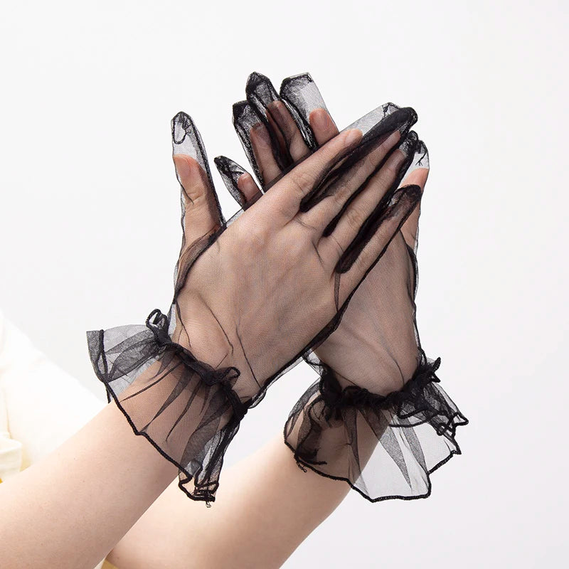 Women Black Lace Gloves Ultra Thin Tulle Wedding Bride Dress Driving Qme black One Size