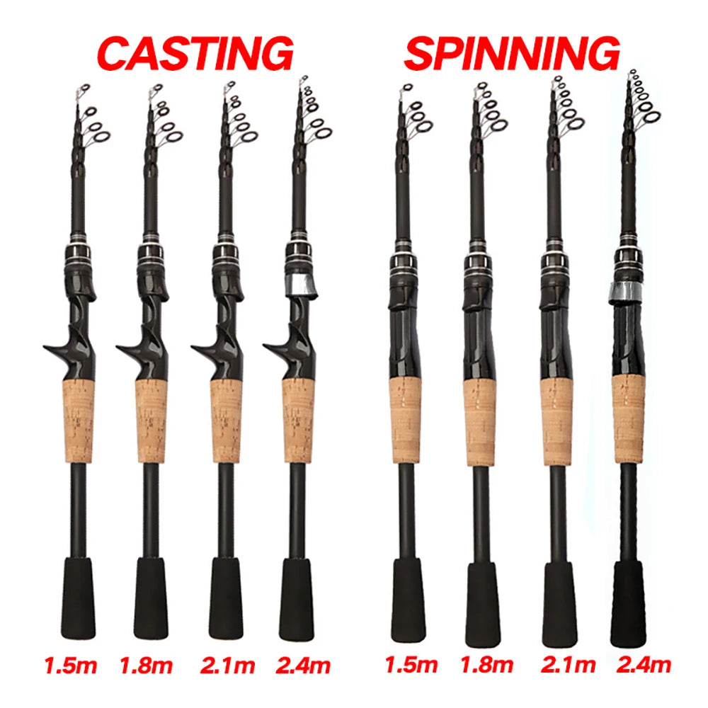 Telescopic Lure Rod 1.5M 1.8M 2.1M 2.4M Carbon Spinning Rod Baitcasting Fishing Pole 8g-25g Wooden Handle Casting Fishing Tackle Qme