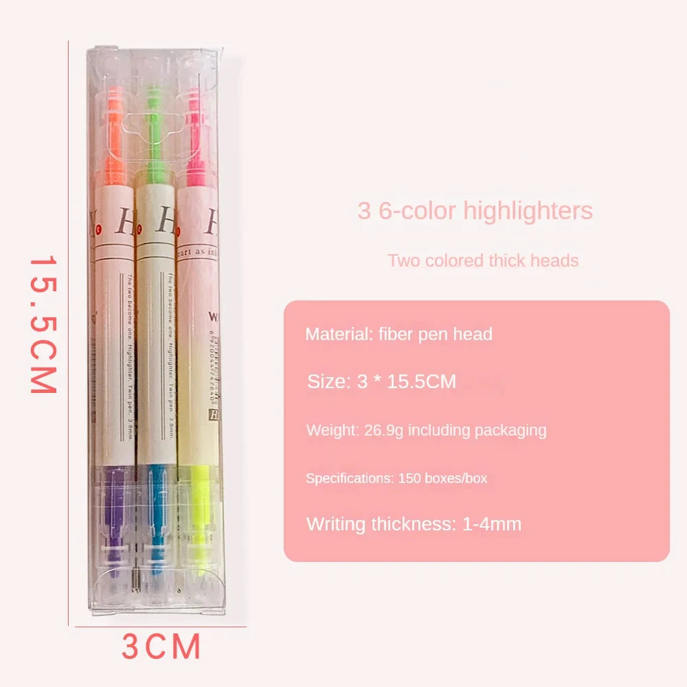 3/6Pcs/Set Double Head Fluorescent Highlighter Pen Markers Pastel Drawing Pen for Student School Office Supplies Cute Stationery Qme 3 pcs