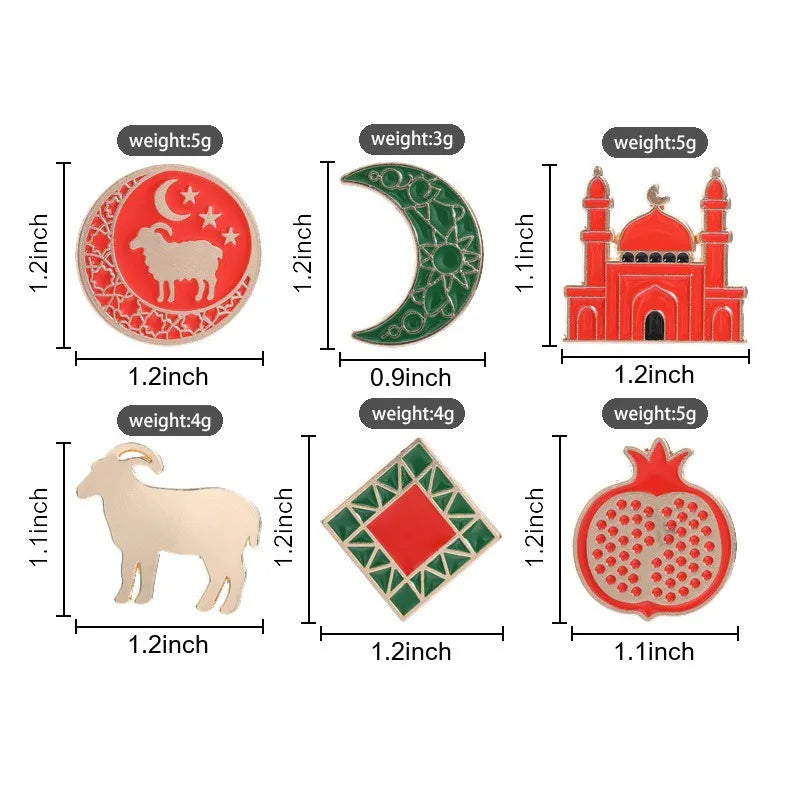 Arabic Muslim Eid Decor Brooch Metal Enamel Lapel Pin Moon Sheep Mosque Pomegranate Pattern Ramadan Festival Gift Badge Qme