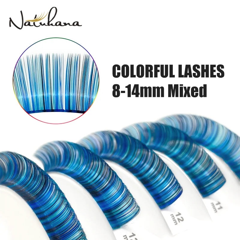 NATUHANA Colored Individual Lash Clusters Rainbow Mix 8- Soft Qme Blue - Eyeashes C 0.07mm|8-14 Mixed