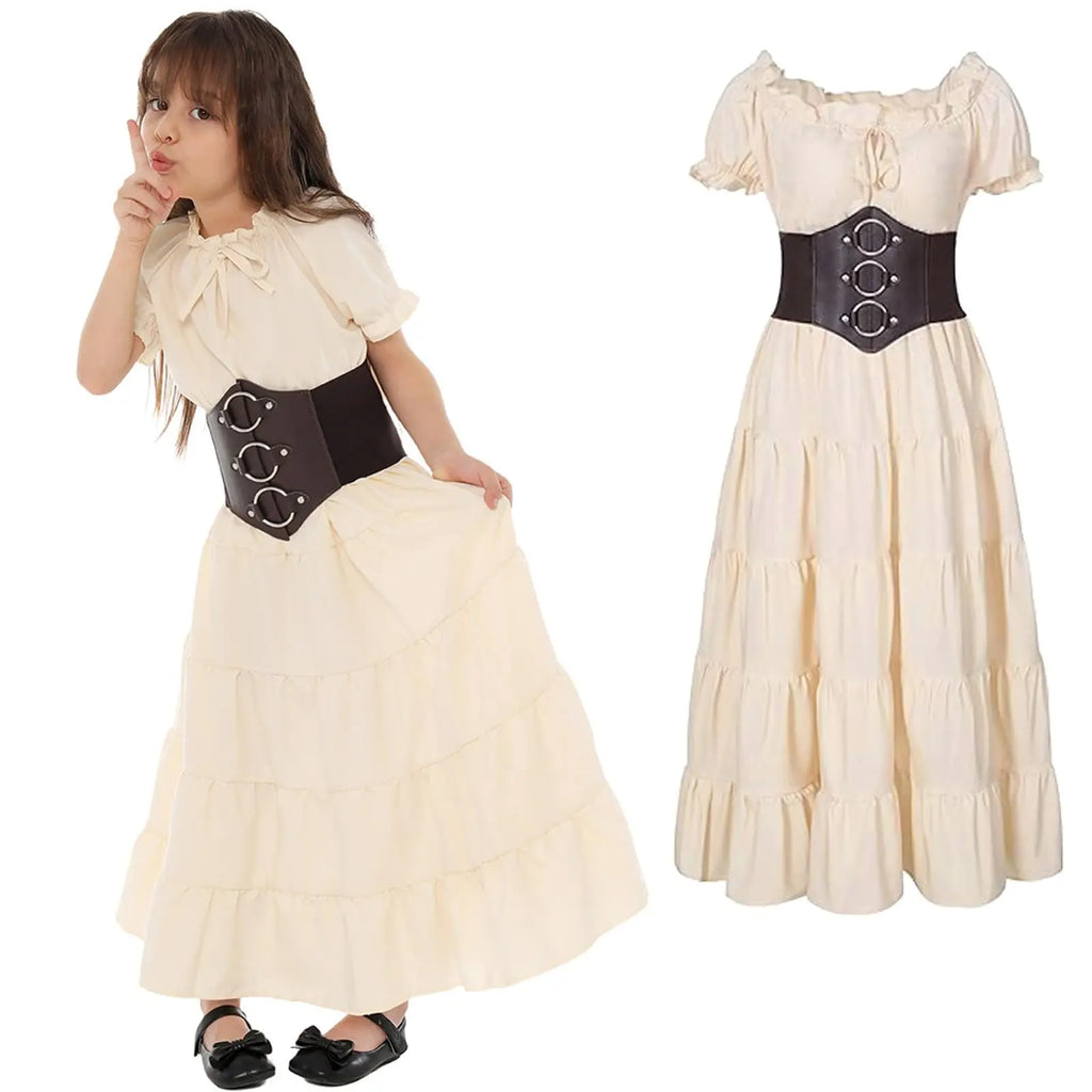 Girls Renaissance Costume Medieval Ren Faire Dress Viking Pirate Outfit Victorian Faerie Vintage Dress with Belt Cosplay Costume Qme WHITE L