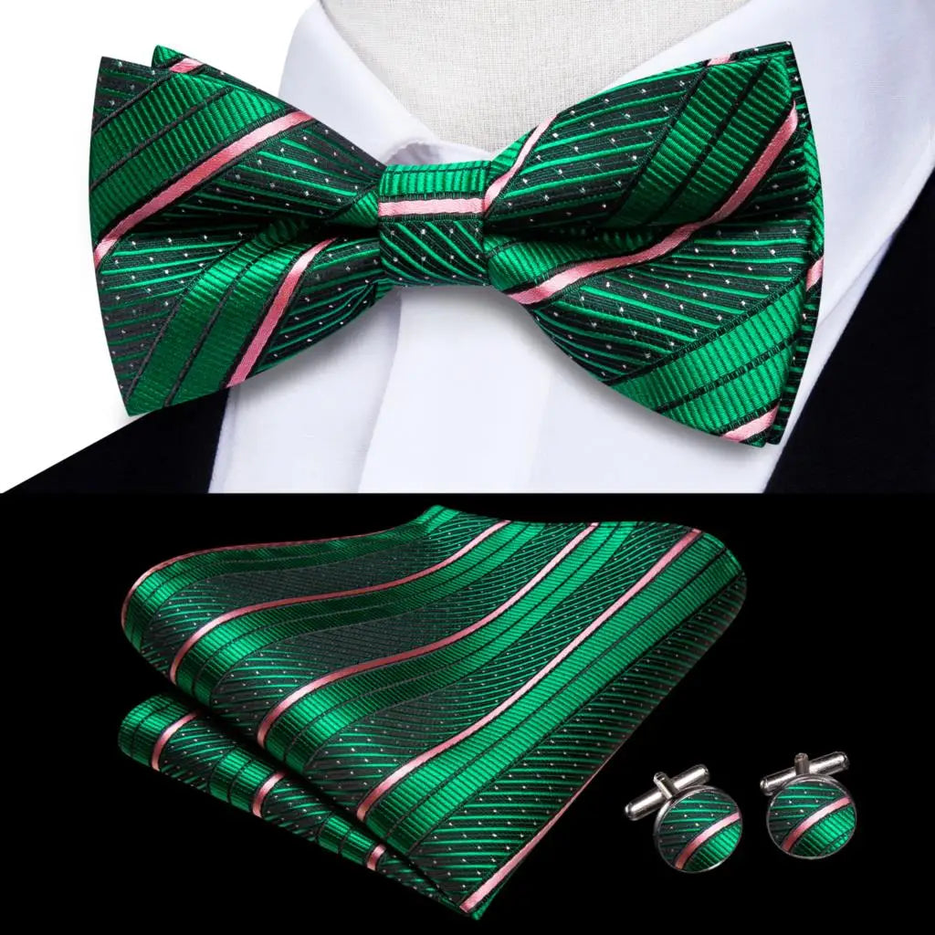 Hi-Tie Striped Black Red Mens Bow Tie Hankerchief Cufflink Pre-tied Silk Butterfly Knot Bowtie for Male Business Party Wholesale Qme S1-LH-2577