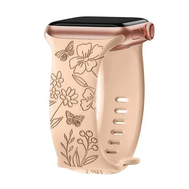 Floral Engraved Strap For Apple Watch Band 40mm 44mm 41mm 49mm 45mm 38mm 42mm silicone bracelet iwatch series 9 7 se 6 8 ultra 2 Qme Butterfly Milk 42mm 44mm 45mm 49mm