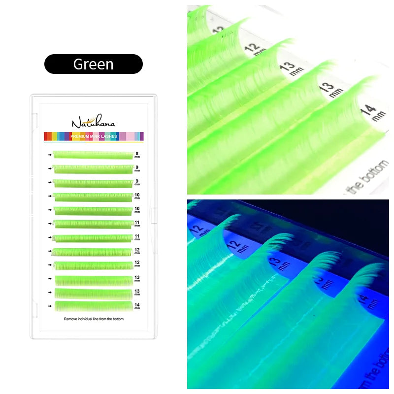 NATUHANA UV Glow Eyelash Extensions Fluorescent Neon Lashes Qme UV Green LU 0.07mm|8-14 Mixed
