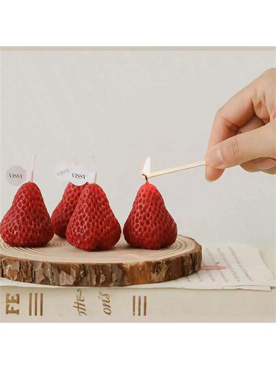 4 Strawberry Shaped Scented Candles Unique Soy Wax Sweet Taste Used Qme