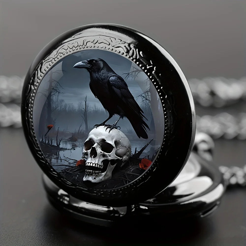 Vintage Gothic Crow & Skull Pattern Design,with Black Chain, Quartz Movement, Mini Size Retro Pocket for Halloween Gift Qme