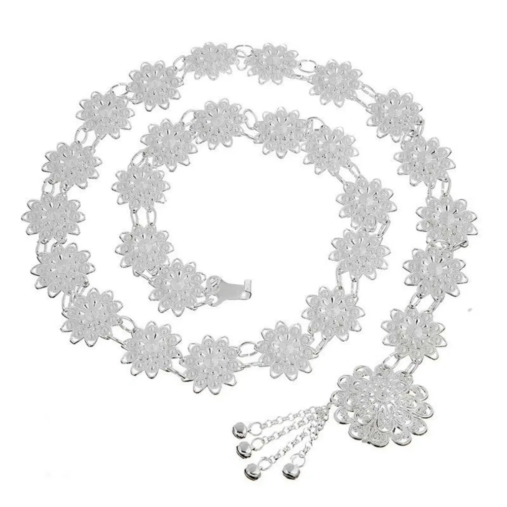 Traditional Metal Ethnic Style Belt Bell Silver Gold Belt Hollow Out Tassel Flower Metal Waist Chain Party Decoration Qme Silver