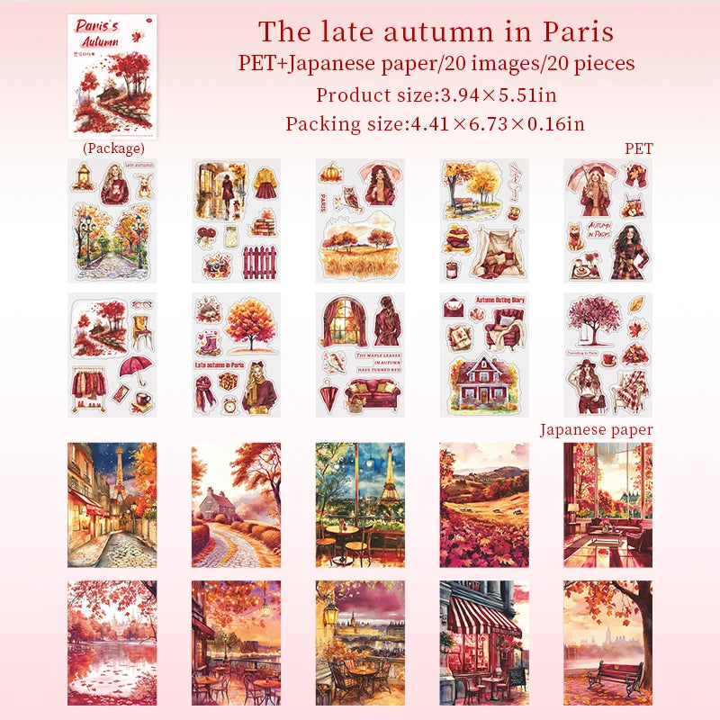 20 Sheets Paris Autumn Series Travel Theme Dual Material Sticker Book for DIY Scrapbooking Photo Frame Collage Decoration Qme 4
