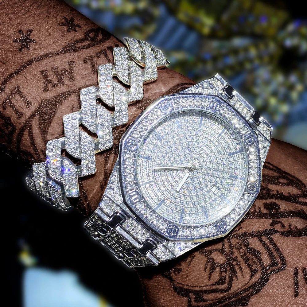 Men's Iced Watch Men's Gold Watch Hip Hop Fashion Cool Bling Gold Diamond Luxury Men's Watch Direct Delivery Relogio Qme Silver