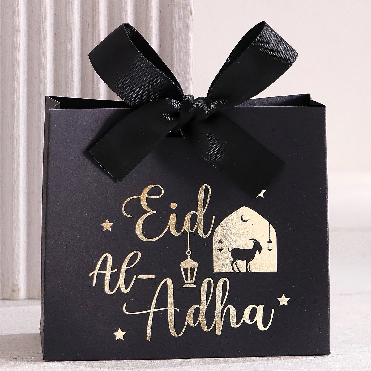 5 Eid Al-Adha Gift Boxes, Beautiful Sheep and Calligraphy Text Design, Pastel Colors, Ribbon Handles, Perfect for Eid Al-Adha Pa Qme 5pcs-black-black