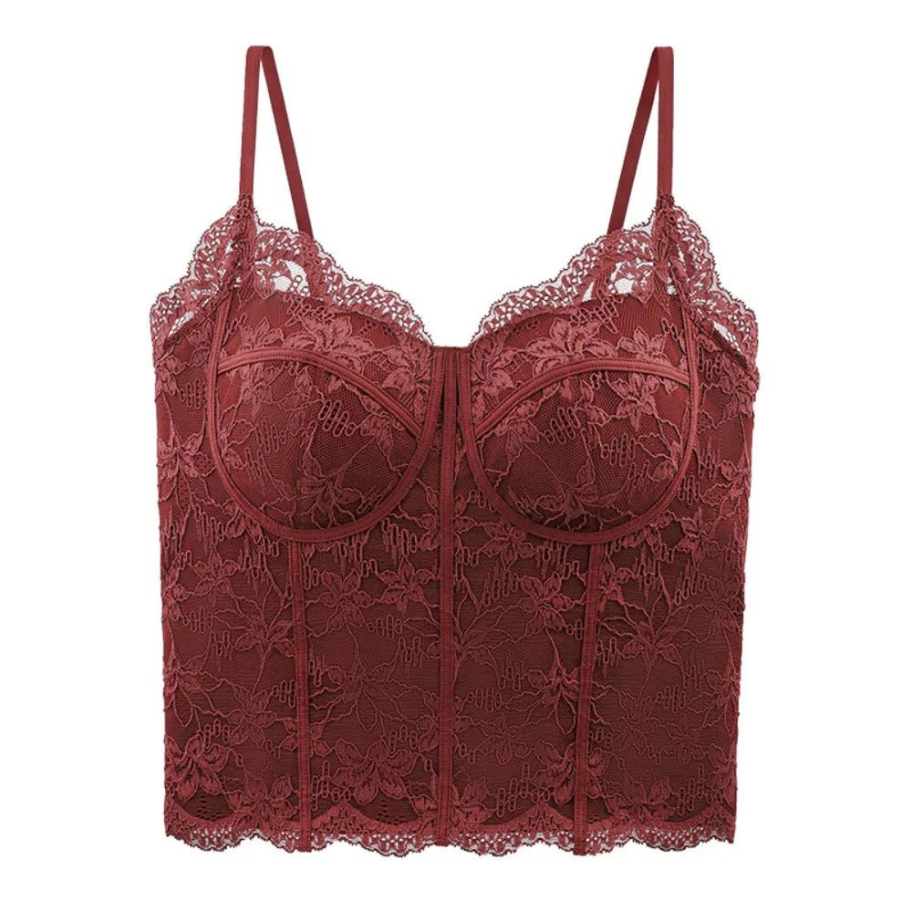 Fashion Mesh Flower Slim Lace Crop Bottoming Shirt Summer Girl's Vest Qme Red M