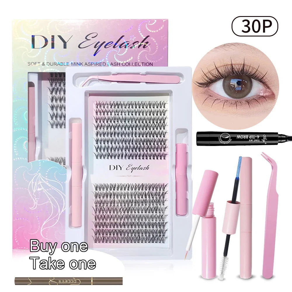 3D DIY Cluster Lash Glue-free Self-adhesive Curling Lengthening Qme 30P and eyebrow pen