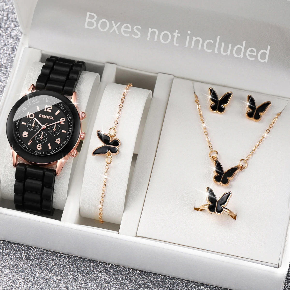 2026 Ladies' Korean version high-end fashion watch with simple classic faux leather strap watch set for women Qme Black B No Box