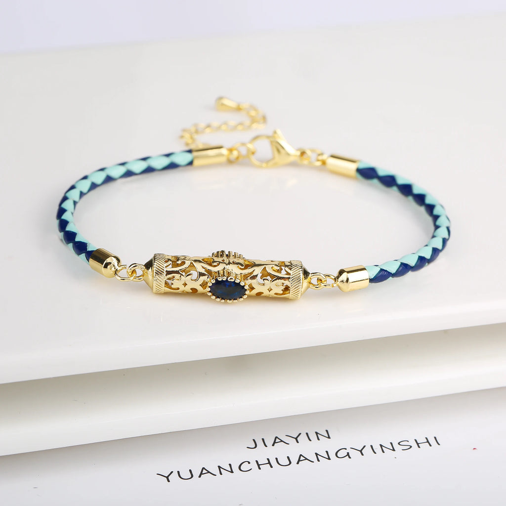Gold-Plated Dragon Pillar Crystal Leather Braided Adjustable Bracelet Simple For Man Woman Party Holiday Jewelry Prayer Gift Qme Blue