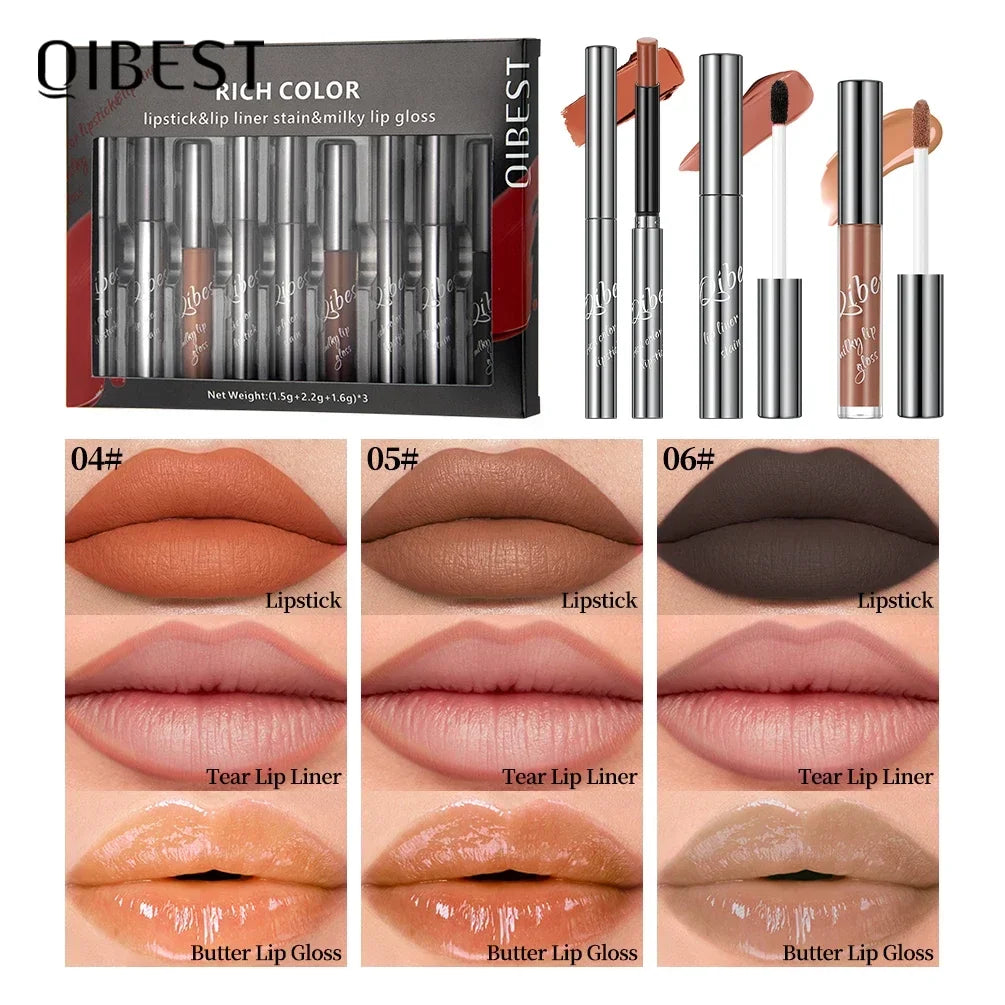 Qibest 9Pcs Lip Makeup Kits Matte Lipstick,Tear Off Lip Liner,water Lip Glaze,Nude Velvet Lip Stain Long Lasting Lip Cosmetics Qme