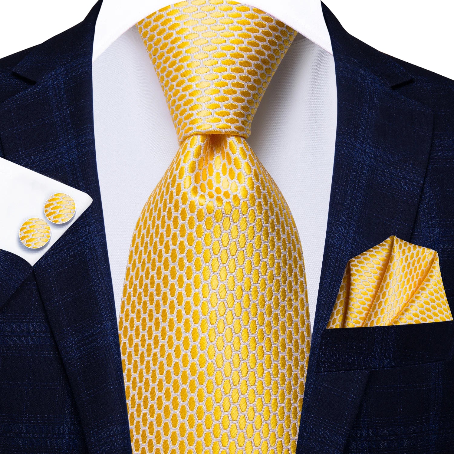 Designer Gold Solid Wedding Tie Men Handky Cufflink Striped Plaid Qme SN-1540