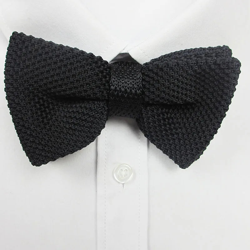 Men Knitted Bowtie Soild Bow Tie Thick Double Deck Pre Tied Qme black