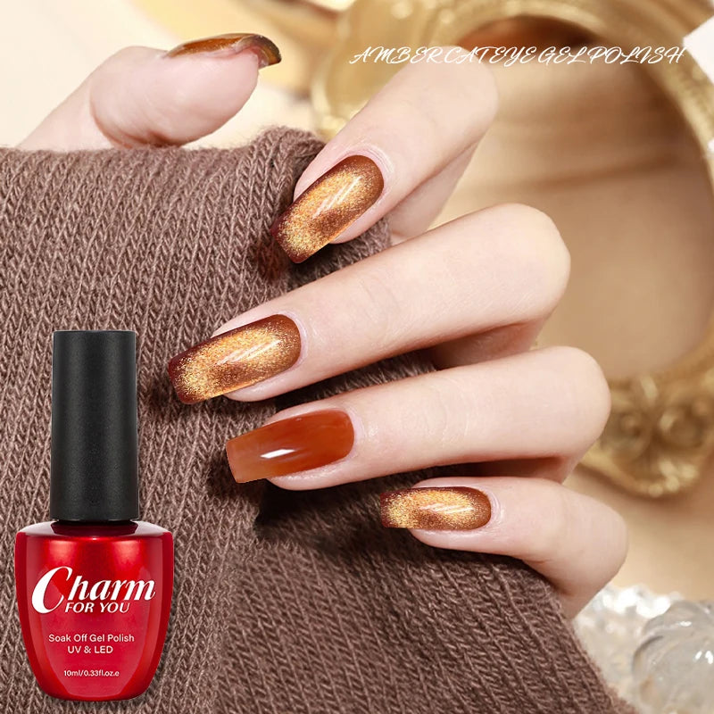 CHARM Amber Cat Eye Gel Nail Polish Magnetic Lacquer UV LED Soak Off Qme