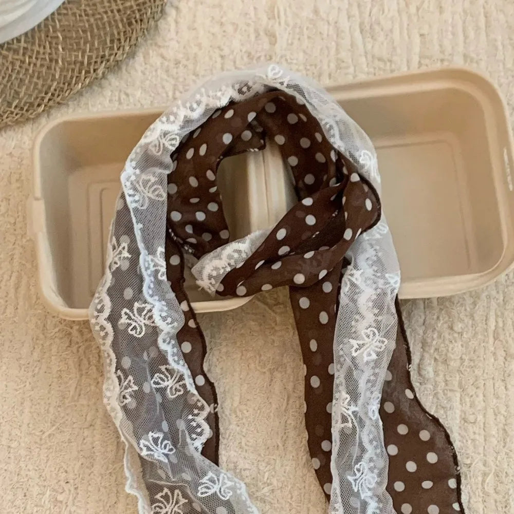 Fresh Multifuctional Geometric Pattern Belt Lace Thin Waist Accessories Polyester Vintage Polka Dot Chiffon Scarf Women Qme Coffee