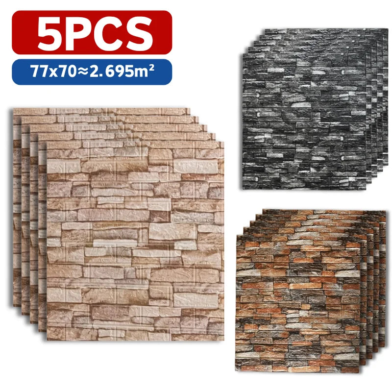 5Pcs 3D Brick Soft Foam Wallpaper 77cmx70cm Self Adhesive Waterproof Wall Sticker Stain Resistant Indoor Living Home Wall Decor Qme