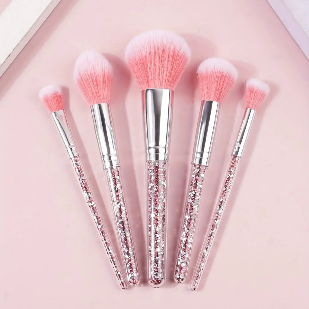 5pcs Makeup Brush Set With Fashionable Glitter Rhinestone Handle, Powder Brush Blush Brush Eyeshadow Brush, Qme